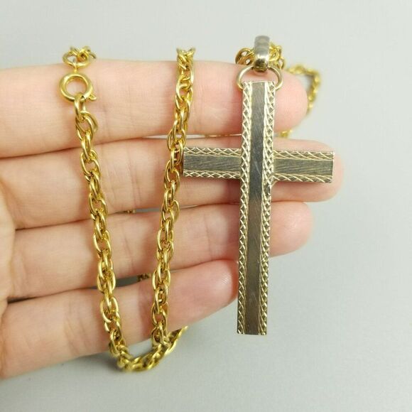 Vintage Large Cross Pendant Necklace Gold Tole Chain, 2 Inch Cross 23 Inch Chain - Picture 1 of 9